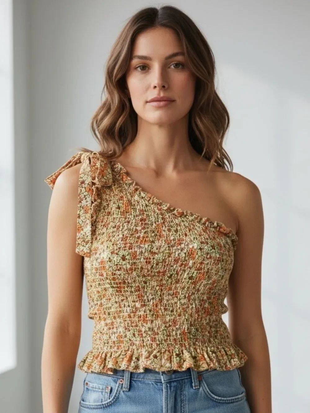 Japna Floral One Shoulder Smocked Ruffle Top